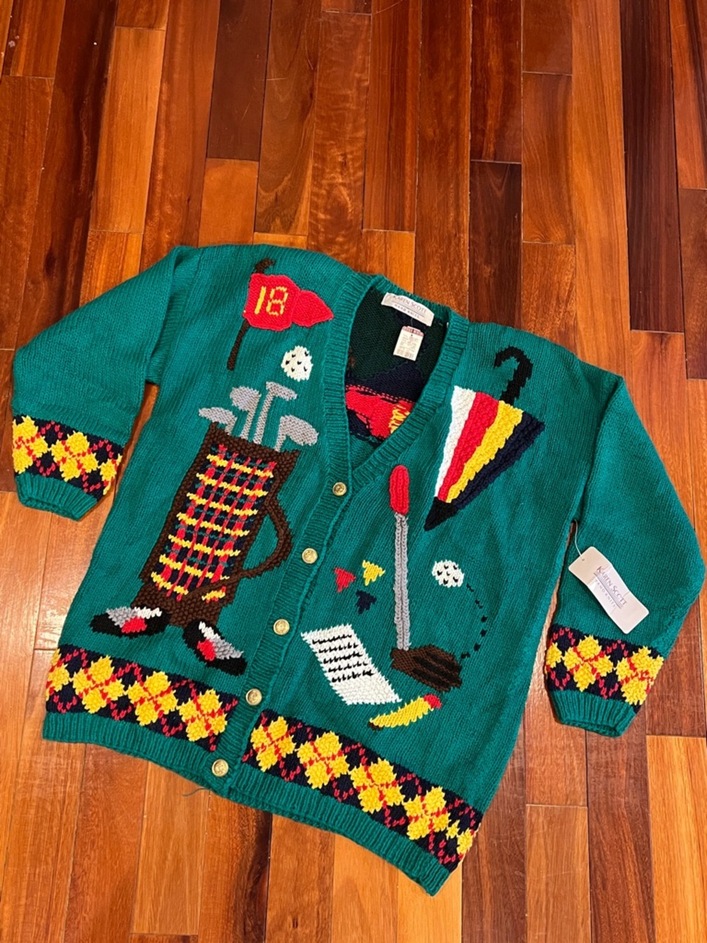 New Vintage Karen Scott Hand Knit Golf Theme Cardigan Large